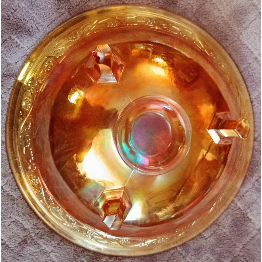 Vtg Marigold Carnival Glass Footed Berry Bowl Floral Embossed Iridescent Orange